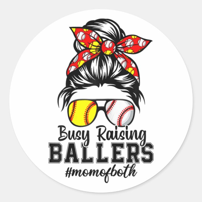 Messy Bun Mom Of Both Baseball Softball Busy Raisi Classic Round Sticker (Front)