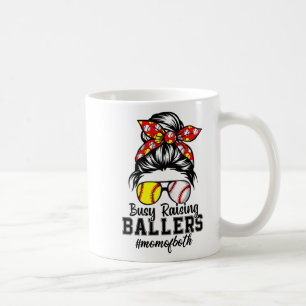 Messy Bun Mom Of Both Baseball Softball Busy Raisi Coffee Mug