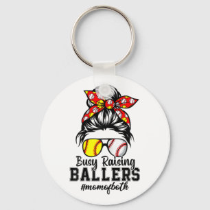 Messy Bun Mom Of Both Baseball Softball Busy Raisi Keychain
