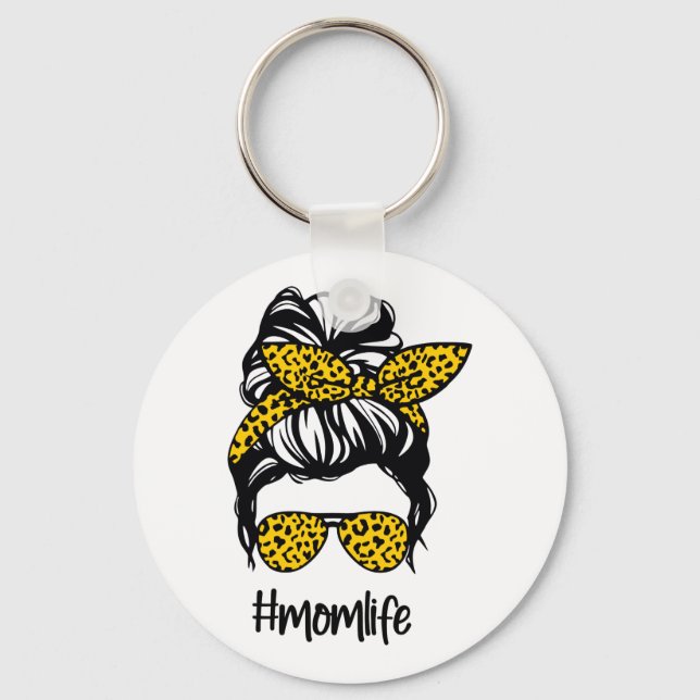 Messy Bun momlife Yellow Leopard Keychain (Front)