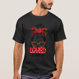 Messy Bun One Loved Mama Red Plaid Leopard Mom Mot T-Shirt