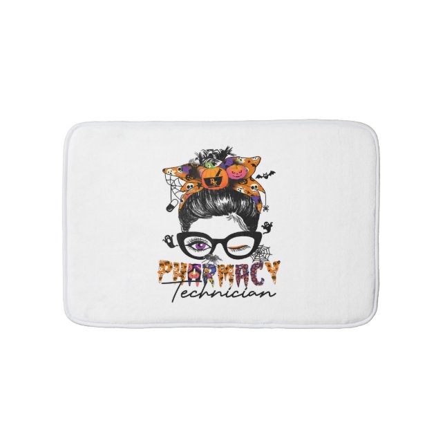 Messy Bun Pharmacy Technician Halloween Party Bath Mat (Front)