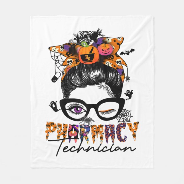 Messy Bun Pharmacy Technician Halloween Party Fleece Blanket (Front)