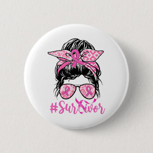 Messy Bun Pink Ribbon Leopard Breast Cancer Warrio 2 Inch Round Button