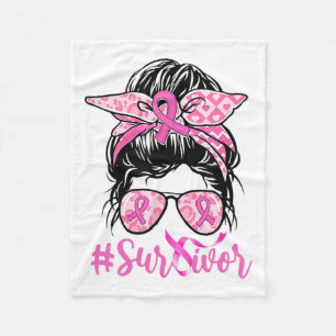 Messy Bun Pink Ribbon Leopard Breast Cancer Warrio Fleece Blanket