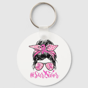 Messy Bun Pink Ribbon Leopard Breast Cancer Warrio Keychain