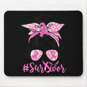 Messy Bun Pink Ribbon Leopard Breast Cancer Warrio Mouse Pad