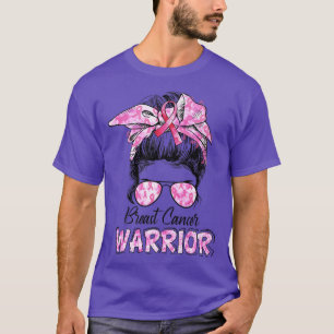Messy Bun Pink Women Ribbon Warrior Breast Cancer  T-Shirt