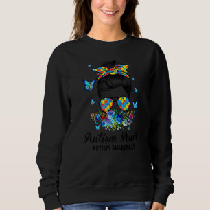 Messy Bun Proud Autism Aunt Ribbon Puzzle Floral B Sweatshirt