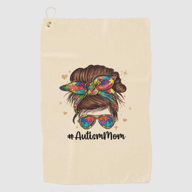 Messy Bun Proud Autism Mom Golf Towel (Front)