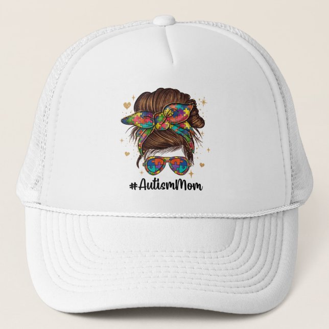 Messy Bun Proud Autism Mom Trucker Hat (Front)