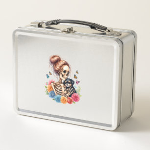 Messy Bun Skeleton Cute Puppy Dog Lovers Halloween Metal Lunch Box