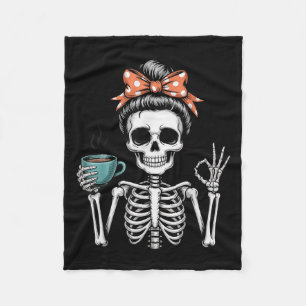 Messy Bun Skeleton Drinking Coffee Halloween Mom W Fleece Blanket