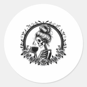 Messy Bun Skeleton Drinking Coffee Vintage Hallowe Classic Round Sticker