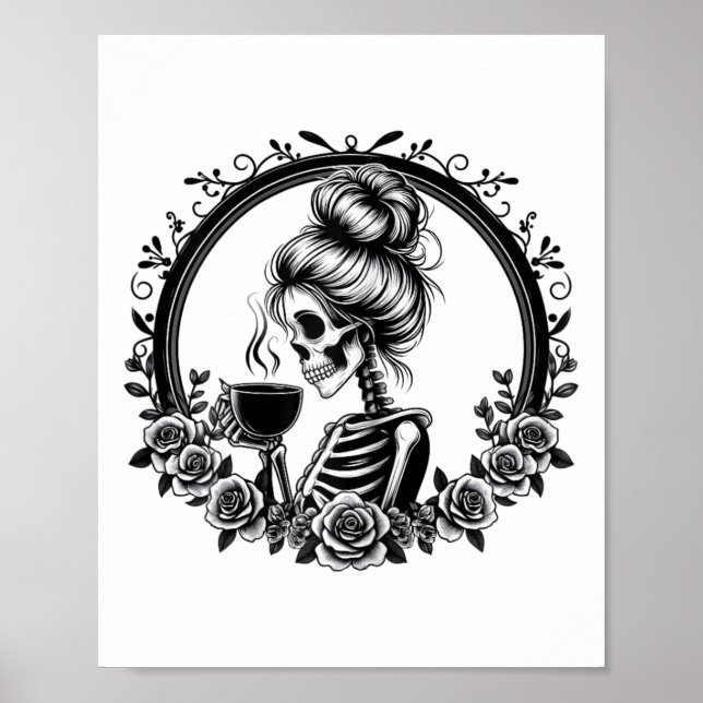Messy Bun Skeleton Drinking Coffee Vintage Hallowe Poster (Front)