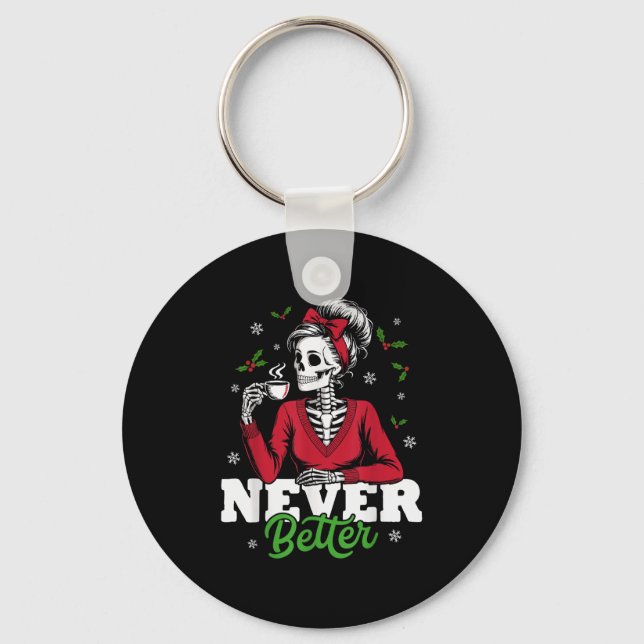 Messy Bun Skeleton Santa Coffee Xmas Funny Women S Keychain (Front)