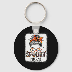 Messy Bun Spooky Nurse Women Pumpkin Halloween Bat Keychain