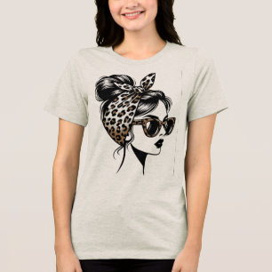 Messy Bun Woman with Leopard Print Bandana and Sun Tri-Blend Shirt
