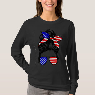 Messy Bun Women America Flag American Mom T-Shirt