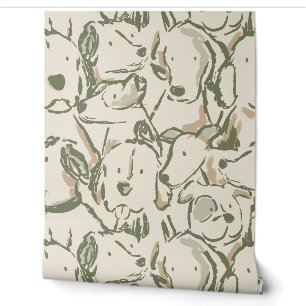 Messy Dog Sketches - Animal Sketch - Beige Green Wallpaper