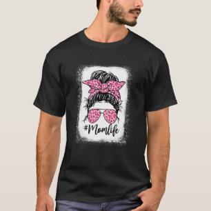 Messy Hair Bun Mom Life Pink Leopard Mother's Day  T-Shirt