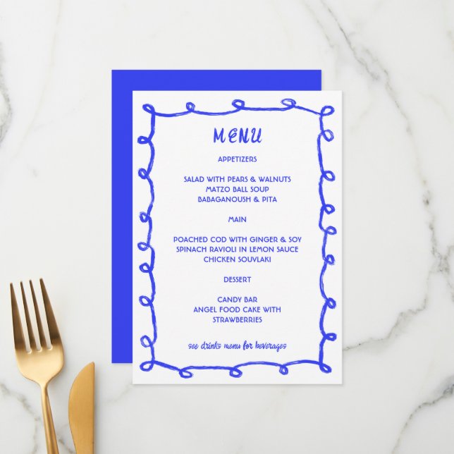 Messy Loops Hand Drawn Custom Bar Bat Mitzvah Menu (Front/Back In Situ)