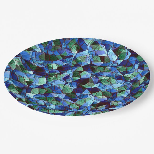 Messy of green and blue irregular mosaic overlaid  paper plate (Angled)