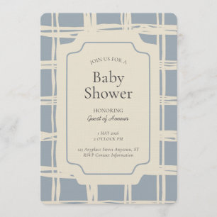 Messy Plaid Geometric Gender Neutral Blue Beige Invitation