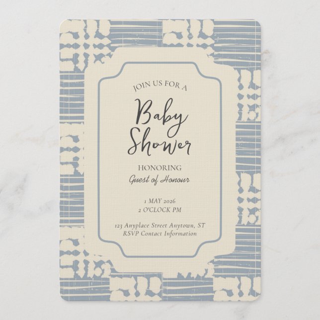 Messy Plaid Geometric Gender Neutral Blue Beige Invitation (Front)