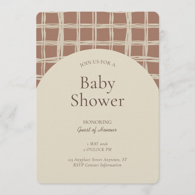Messy Plaid Geometric Gender Neutral Brown Beige Invitation (Front)