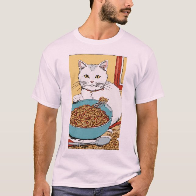 Messy Spaghetti Cat - Hergé-Inspired T-Shirt Desig (Front)