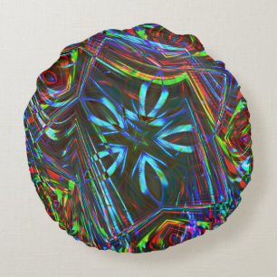 Messy strokes of colourful neon on dark background round pillow