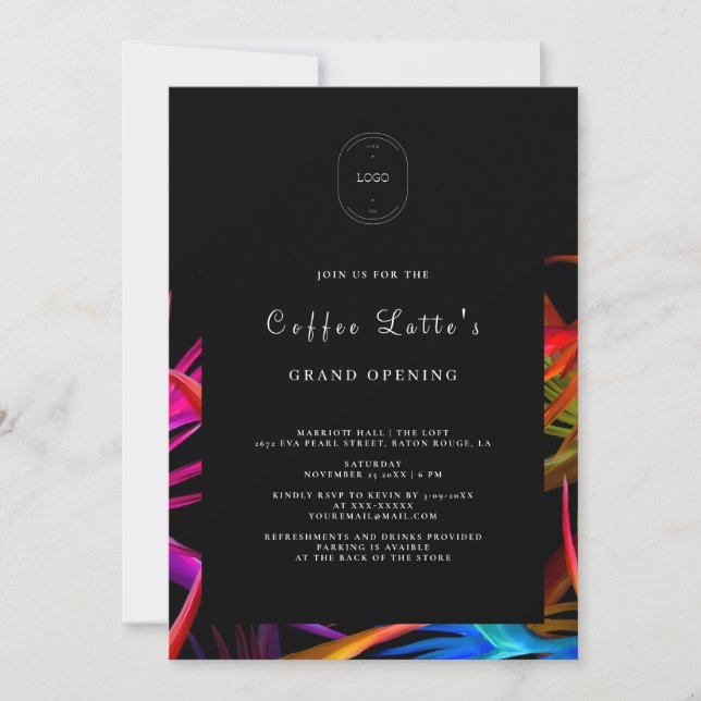 Messy Wild Tropical Style Black Business Opening Invitation (Front)