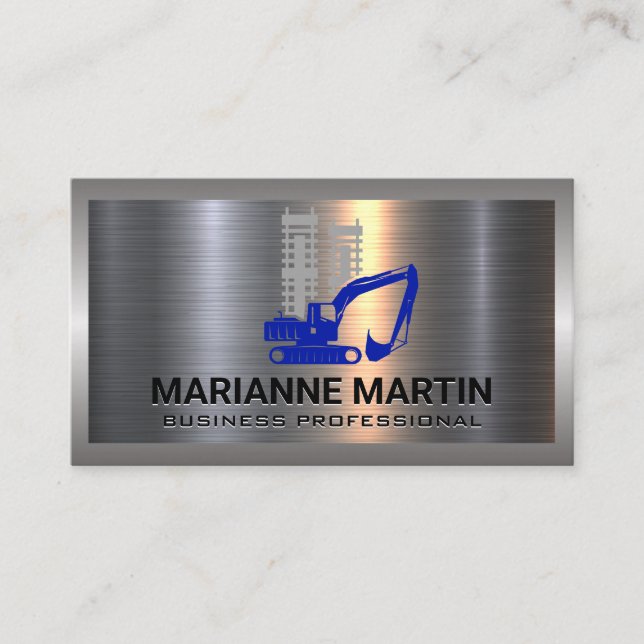 Metal Aluminum Silver Brushed | Bull Dozer Logo Business Card (Front)