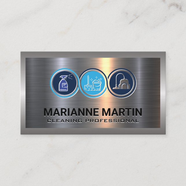 Metal Aluminum Silver Brushed | Cleaning Icons Business Card (Front)