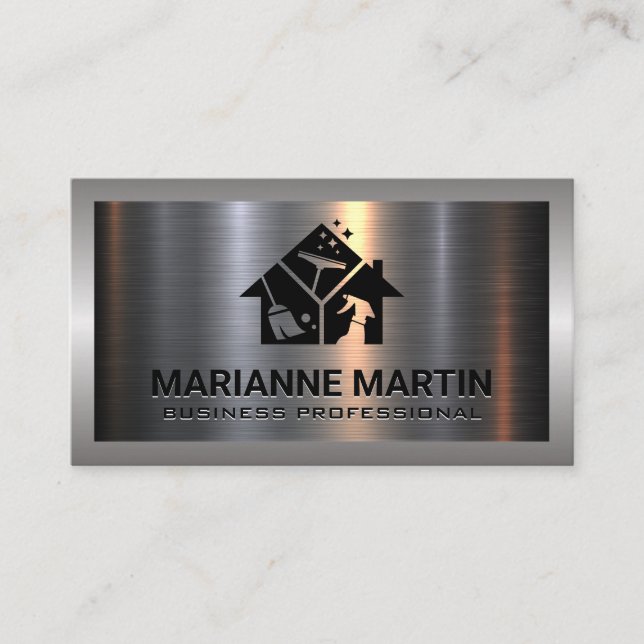 Metal Aluminum Silver Brushed | Cleaning Icons Business Card (Front)