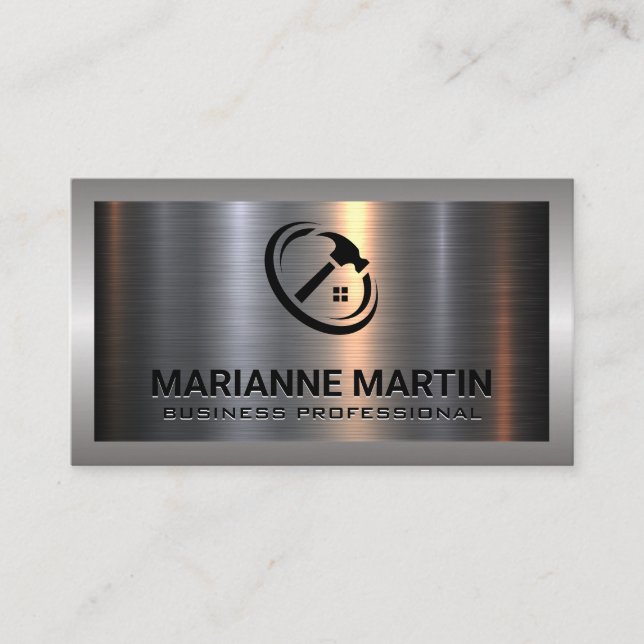 Metal Aluminum Silver Brushed | Construction Logo Business Card (Front)