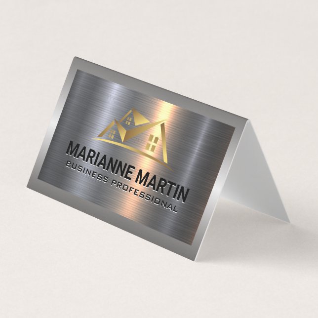 Metal Aluminum Silver Brushed | Gold House Logo Business Card (Front)