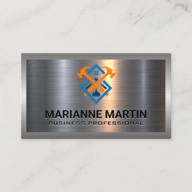 Metal Aluminum Silver Brushed | Home Hammer Logo B Business Card (Front)