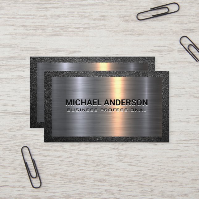 Metal Aluminum Silver Brushed | Leather Border Business Card (Front/Back In Situ)