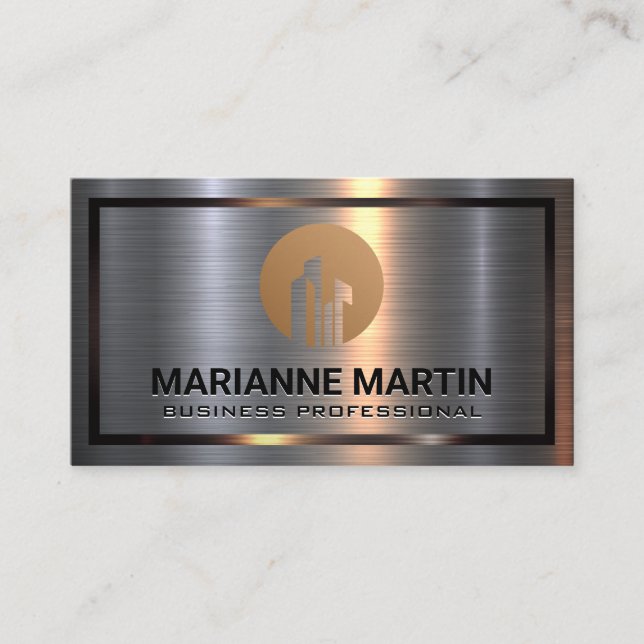 Metal Aluminum Silver Brushed | Real Estate Logo Business Card (Front)
