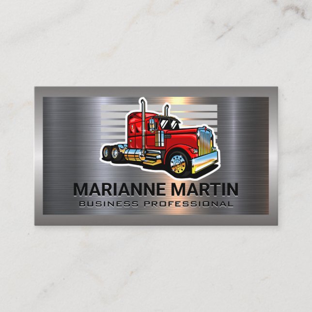 Metal Aluminum Silver Brushed | Red Semi Truck Business Card (Front)