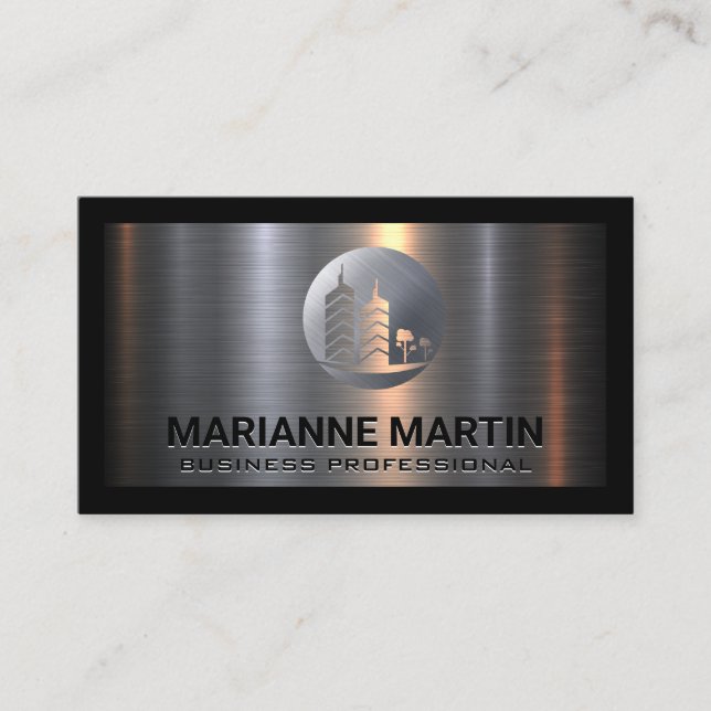 Metal Aluminum Silver | Commercial Building Logo Business Card (Front)