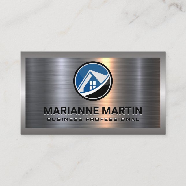Metal Aluminum Silver | Real Estate House Logo Business Card (Front)