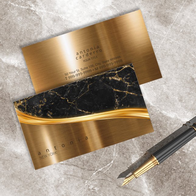 Metal and Glitter Marble Wave Black Gold ID808 Business Card (Creator Uploaded)