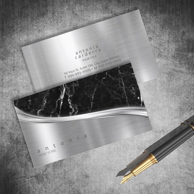 Metal and Glitter Marble Wave Blk Silver ID808 Business Card (Creator Uploaded)