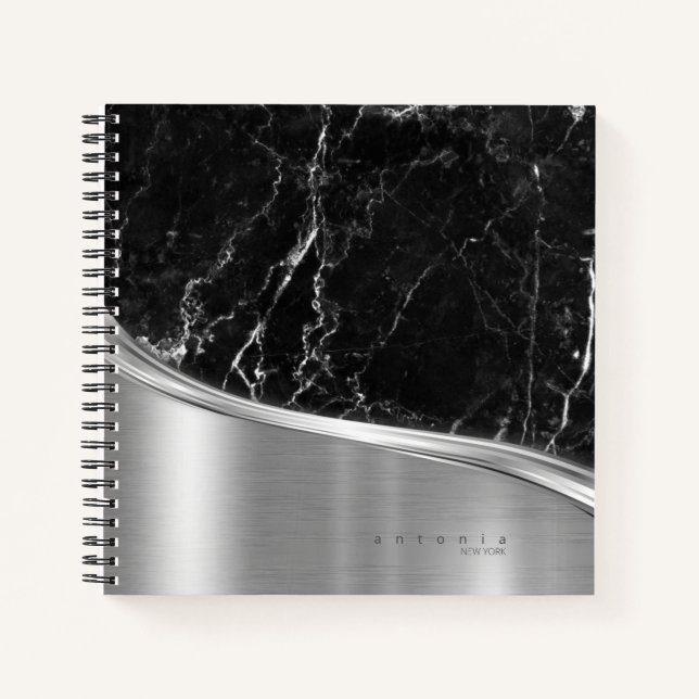 Metal and Glitter Marble Wave Blk Silver ID808 Notebook (Front)