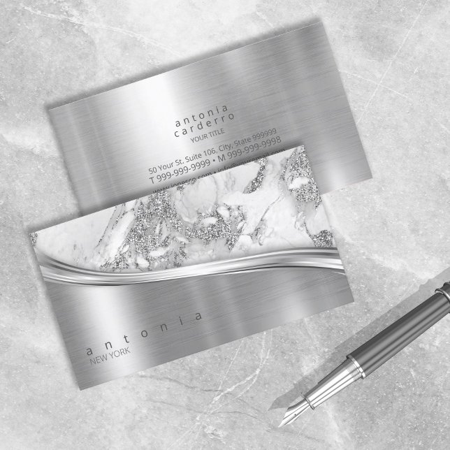 Metal and Glitter Marble Wave Silver ID808 Business Card (Creator Uploaded)