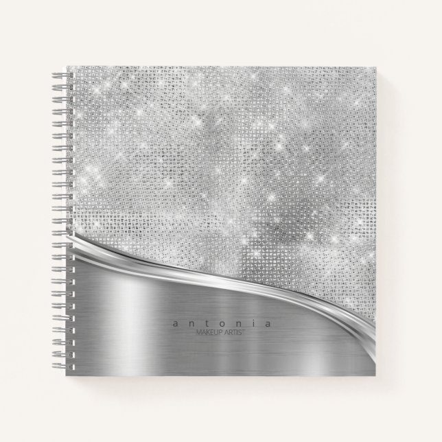 Metal and Glitter Wave Silver ID807 Notebook (Front)