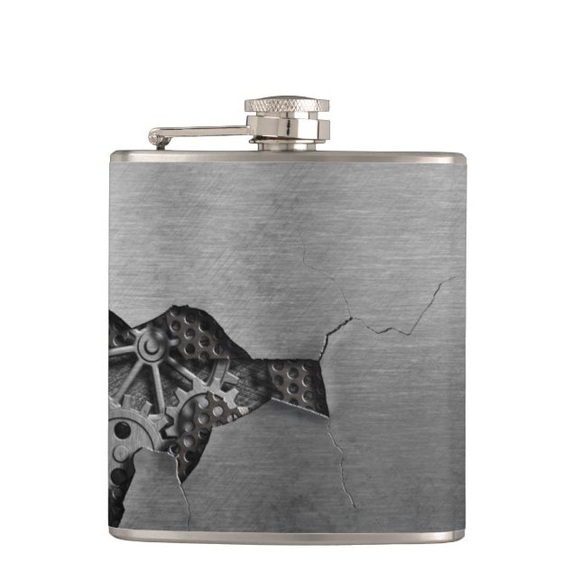 Metal background with mechanical damage hip flask (Front)